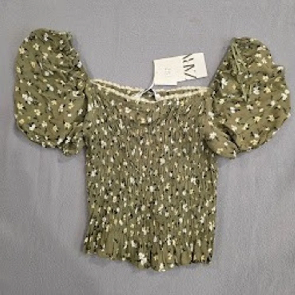 Zara Floral Smocked Puff Sleeve Top Olive Green Lace Trim Cottagecore Boho XS